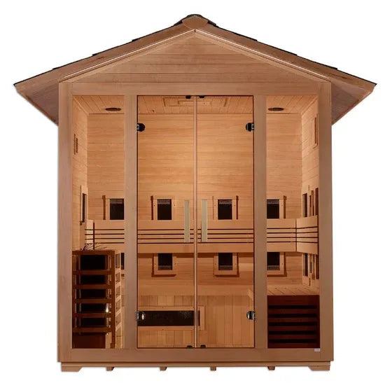 Golden Designs "Gargellen" 5 Person Hybrid (PureTech™ Full Spectrum IR or Traditional Stove) Outdoor Sauna - Canadian Hemlock