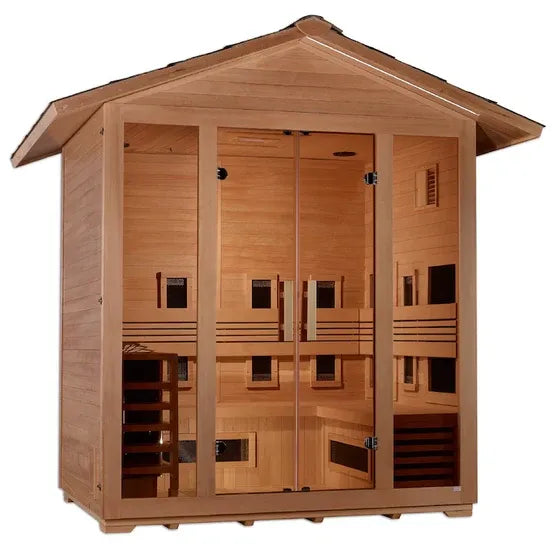 Golden Designs "Gargellen" 5 Person Hybrid (PureTech™ Full Spectrum IR or Traditional Stove) Outdoor Sauna - Canadian Hemlock