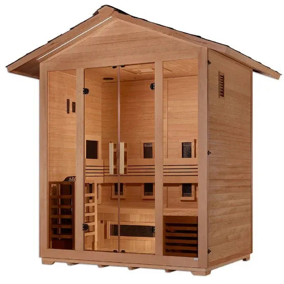 Golden Designs "Gargellen" 5 Person Hybrid (PureTech™ Full Spectrum IR or Traditional Stove) Outdoor Sauna - Canadian Hemlock