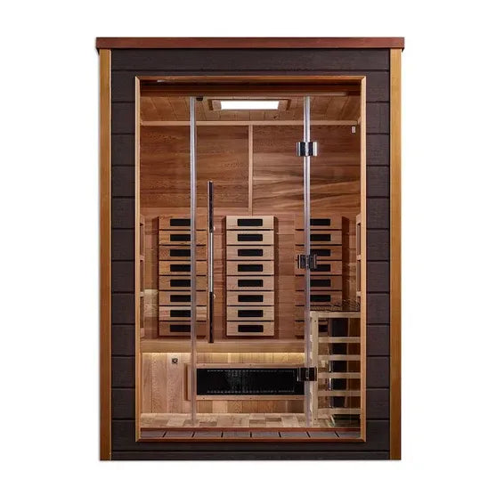 Golden Designs Nora 2 Person Hybrid (PureTech™ Full Spectrum IR or Traditional Stove) Outdoor Sauna - Canadian Red Cedar Interior