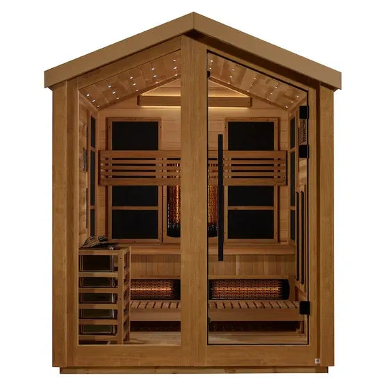 Golden Designs Loviisa 3 Person Hybrid (PureTech™ Full Spectrum IR or Traditional Stove) Outdoor Sauna - Canadian Red Cedar Interior
