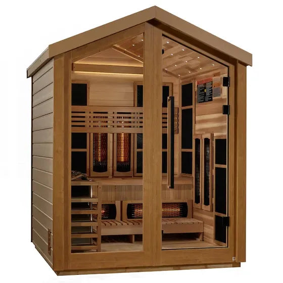 Golden Designs Loviisa 3 Person Hybrid (PureTech™ Full Spectrum IR or Traditional Stove) Outdoor Sauna - Canadian Red Cedar Interior