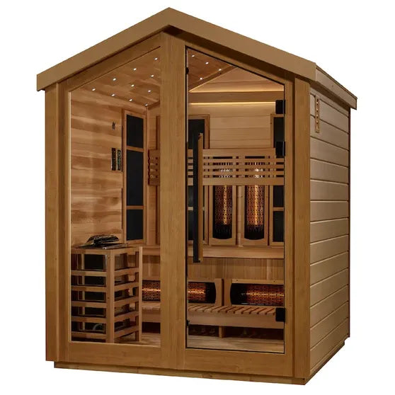 Golden Designs Loviisa 3 Person Hybrid (PureTech™ Full Spectrum IR or Traditional Stove) Outdoor Sauna - Canadian Red Cedar Interior