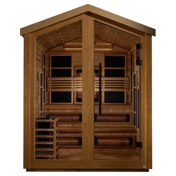 Golden Designs Kaskinen 6 Person Hybrid (PureTech™ Full Spectrum IR or Traditional Stove) Outdoor Sauna - Canadian Red Cedar Interior