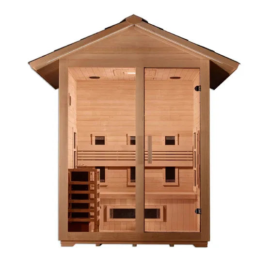 Golden Designs "Carinthia" 3 Person Hybrid (PureTech™ Full Spectrum IR or Traditional Stove) Outdoor Sauna - Canadian Hemlock