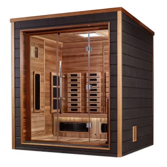 Golden Designs Visby 3 Person Hybrid (PureTech™ Full Spectrum IR or Traditional Stove) Outdoor Sauna - Canadian Red Cedar Interior