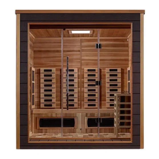 Golden Designs Visby 3 Person Hybrid (PureTech™ Full Spectrum IR or Traditional Stove) Outdoor Sauna - Canadian Red Cedar Interior
