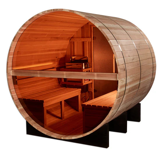 Golden Designs "Zurich" 4 Person Barrel with Bronze Privacy View - Traditional Steam Sauna - Pacific Cedar