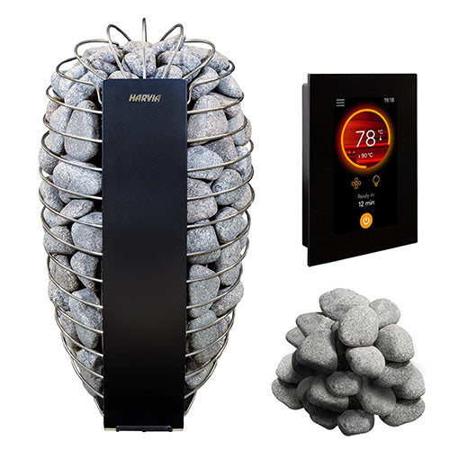 Harvia Spirit SP90E heater shown with open stone cage and 9kW curved black frame