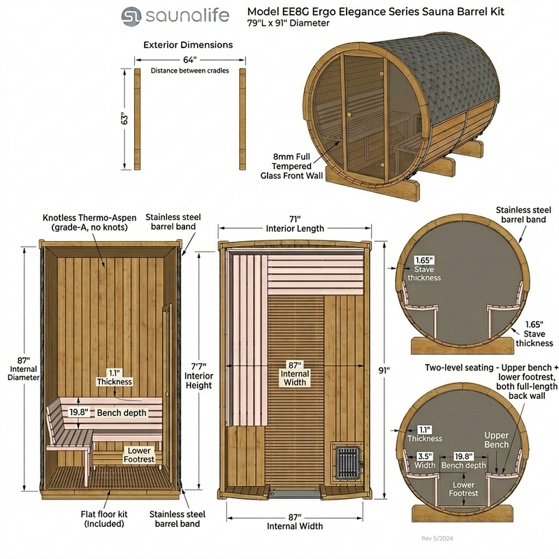 SaunaLife Model EE8G Ergo Elegance Series Sauna Barrel Kit