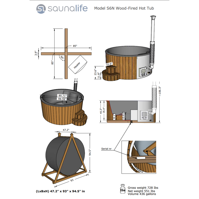 SaunaLife S6 wood-burning hot tub dimensions diagram