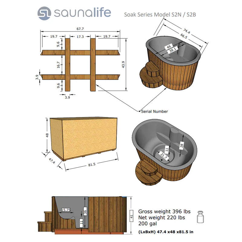 SaunaLife 2-Person Thermo-Pine Cold/Hot Plunge Tub - Model S2N/S2B