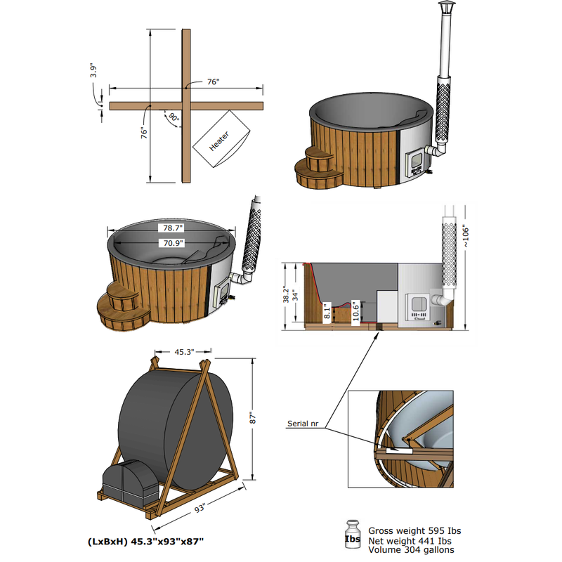 SaunaLife S4 wood-burning hot tub dimensions diagram
