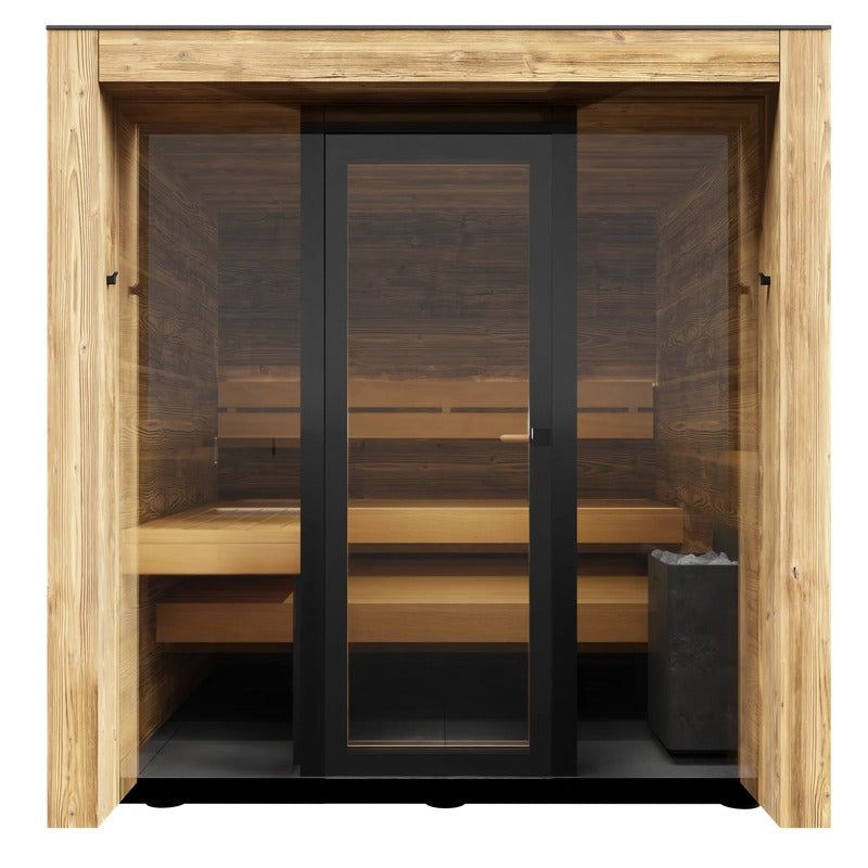 ThermaSol Fortis Sauna Cabin Fully Assembled Outdoor Sauna, Tinted Glass Front with Eave