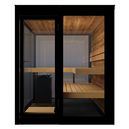 ThermaSol Vue Sauna Cabin exterior showing 34mm mirror thermal glass front and black enamel frames