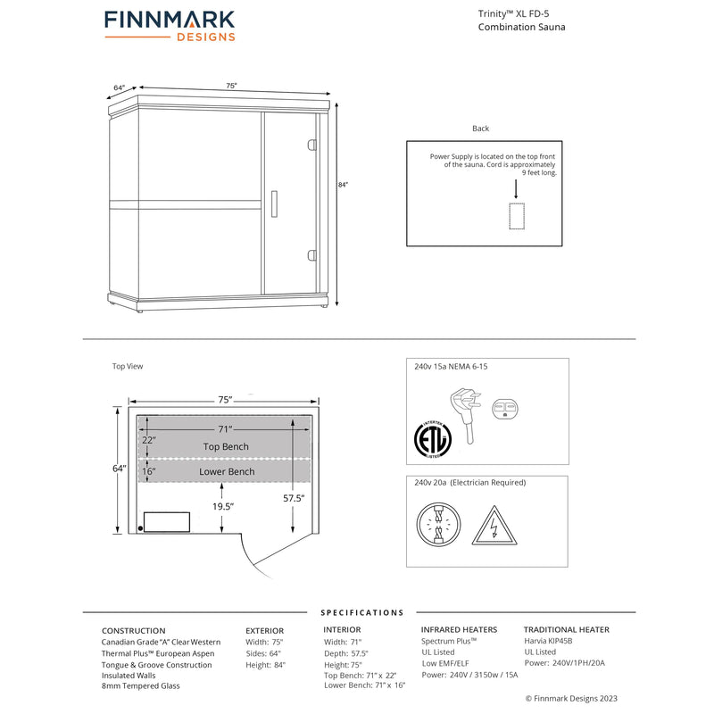 Finnmark FD-5 Trinity XL sauna dimensions diagram