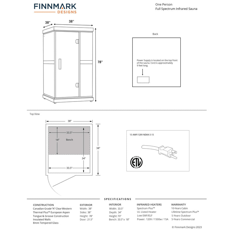 Finnmark FD-1 infrared sauna dimensions diagram
