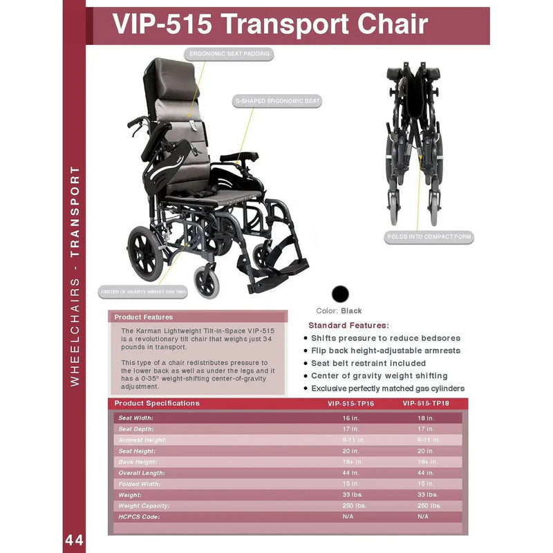 Karman Foldable Aluminum VIP 515 Tilt in Space Wheelchair 34lbs