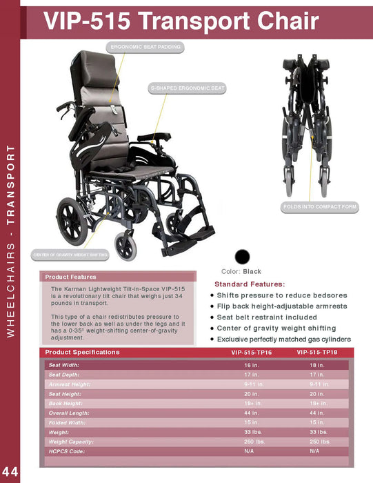 Karman Foldable Aluminum VIP-515-TP Tilt-in-Space Wheelchair