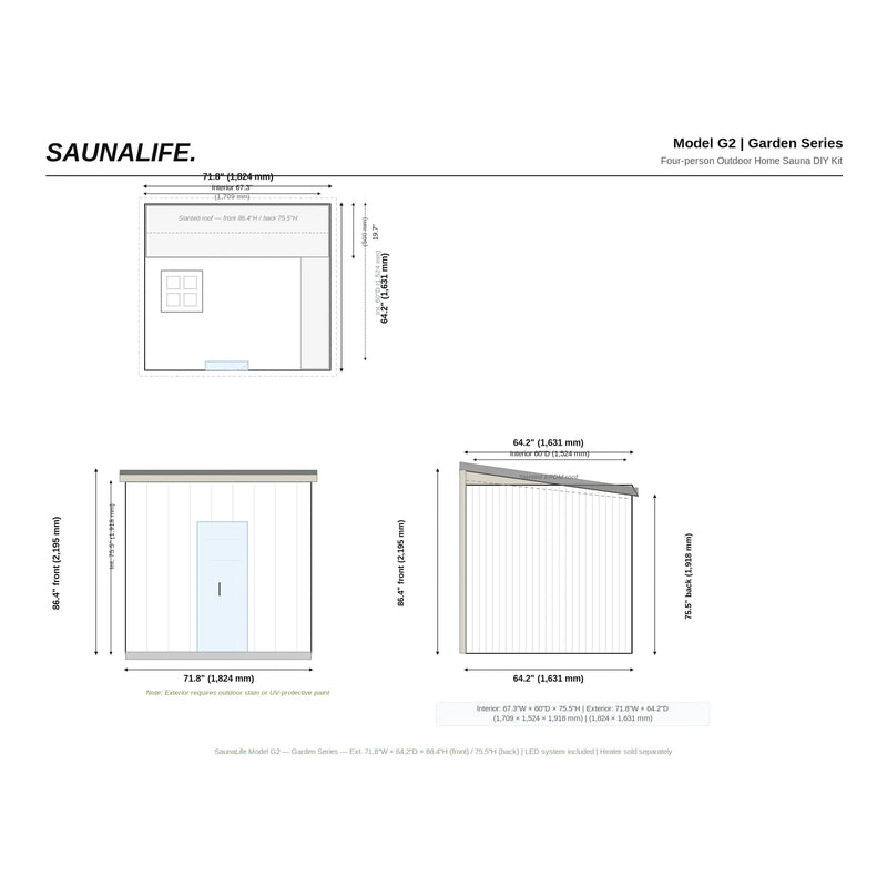 SaunaLife G2 4 Person Garden Series Outdoor Home Sauna Kit