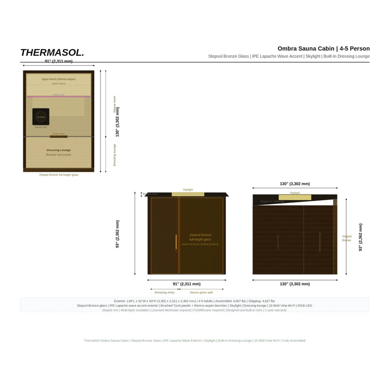 ThermaSol Ombra Sauna Cabin Fully Assembled Outdoor Sauna, Stopsol Bronze Glass